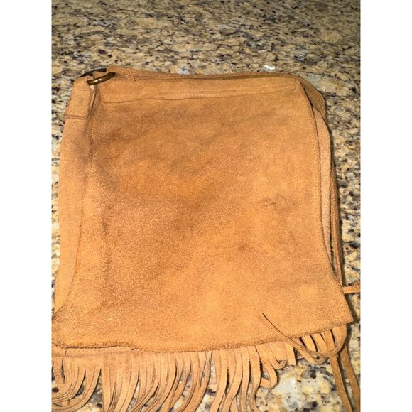 Vintage Tan Suede Leather Hippie Boho Coastal Cowgirl Fringe Crossbody Bag Rivet - Picture 10 of 11
